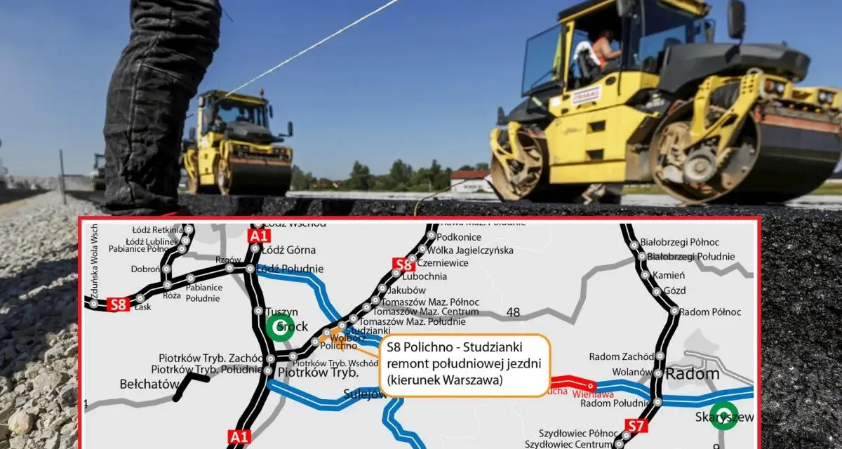 Na mapie zaznaczono remont południowej jezdni drogi S8 Polichno - Studzianki (kierunek Warszawa). W tle walec drogowy ubija nawierzchnię.