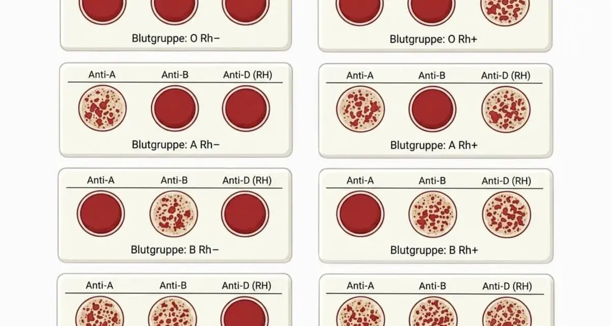 Blutgruppenbestimmung: Reagenzgläser mit Blutproben zeigen Agglutinationen. Ein schneller bedside test zur Ermittlung der Blutgruppe.
