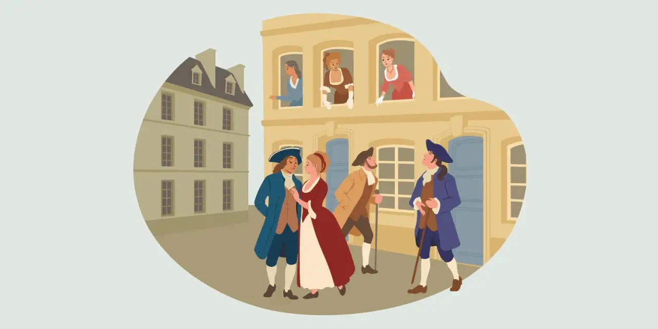 Escena de la antigua lengua francesa: hombres y mujeres con vestimenta de época pasean y conversan en una calle adoquinada.