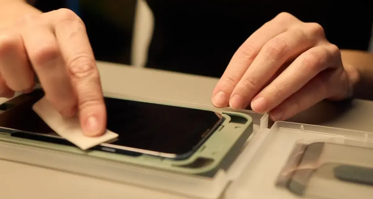 Delikatne czyszczenie ekranu telefonu przed nałożeniem szybki ochronnej. Instrukcja jak założyć szybkę na telefon krok po kroku.