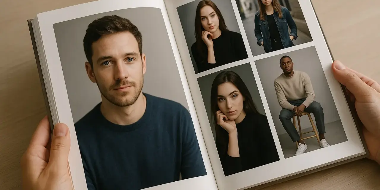 Un livre ouvert présente des portraits. Sur la gauche, un homme au regard intense. À droite, quatre portraits de jeunes femmes et un homme, montrant comment bien cadrer une photo pour un portfolio.