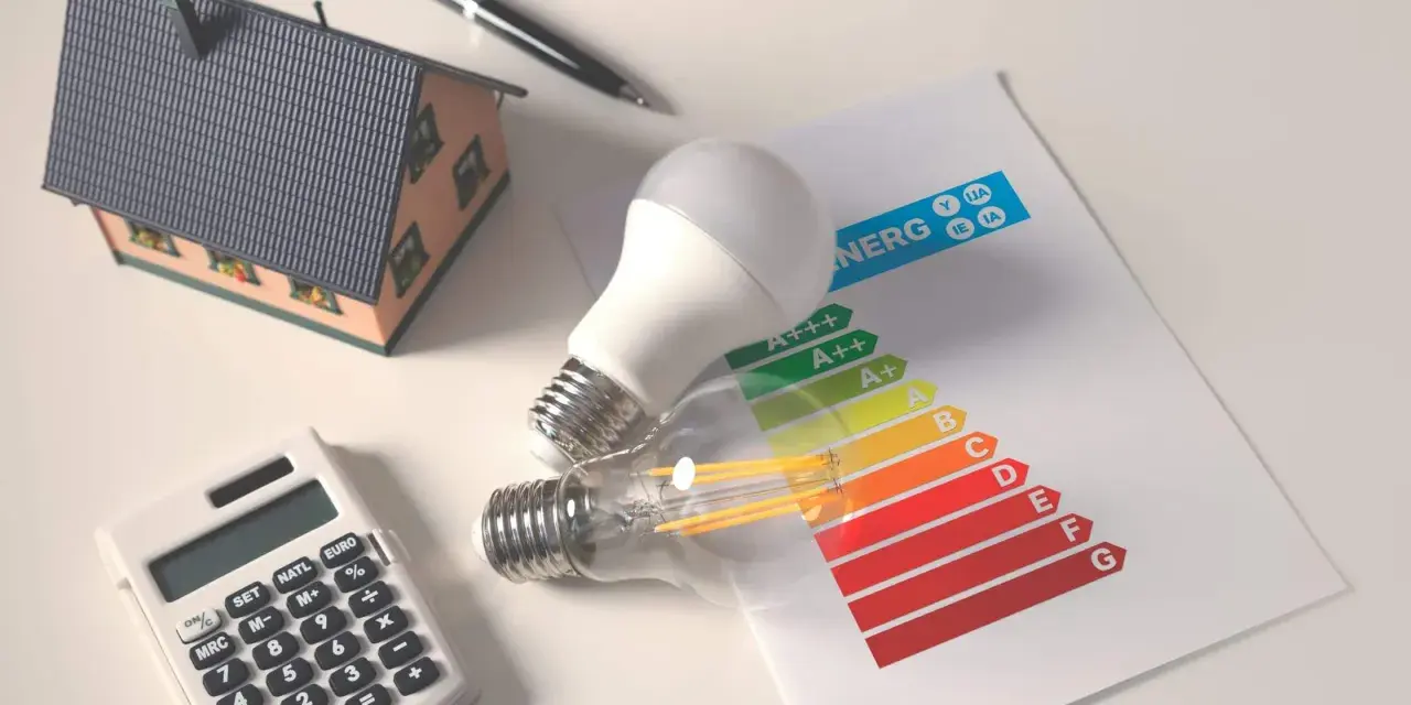 Casa modelo, bombillas, calculadora y etiqueta de eficiencia energética. Planifica la eficiencia energética de tu hogar.
