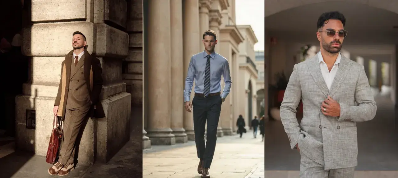 Uomo con outfit nero e marrone, completo sartoriale, camicia azzurra e abito grigio chiaro.