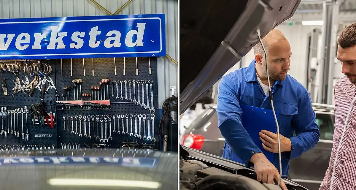 Mekaniker diskuterar med kund vad kostar service på bil. Verkstad med verktyg i bakgrunden.
