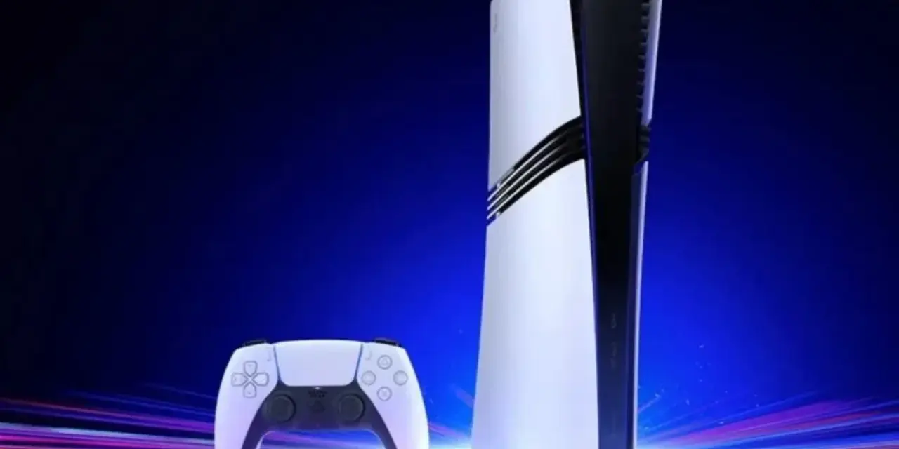 Consola PS5 y mando DualSense listos para los próximos juegos PS5. Fondo azul con luces de neón.