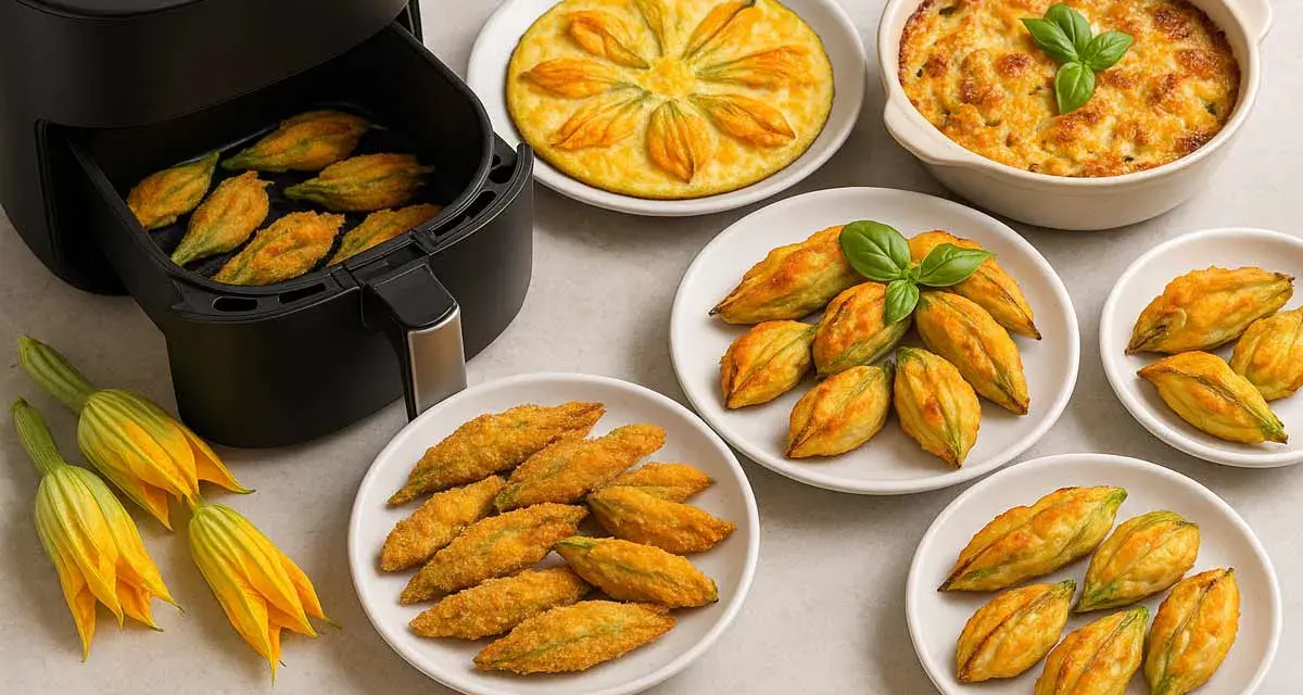 Fiori di zucca in friggitrice ad aria, dorati e croccanti, pronti per essere gustati. Un piatto leggero e saporito.