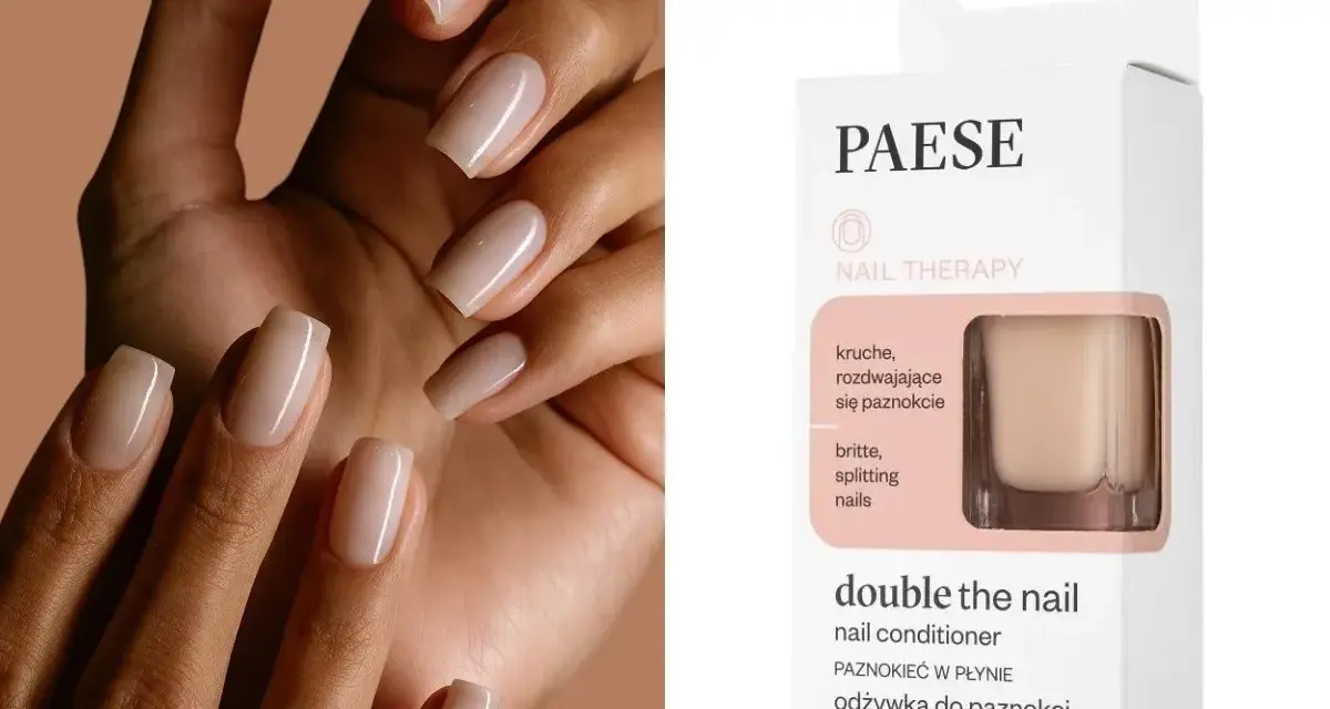 Dłonie z idealnymi, beżowymi paznokciami. Obok opakowanie odżywki do paznokci PAESE "double the nail" - najlepsza odżywka do paznokci dla kruchych i rozdwajających się.
