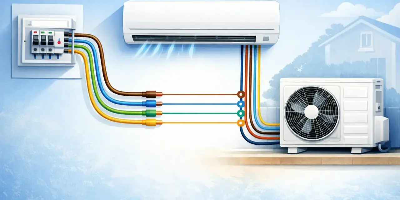 Diagrama de **conexión eléctrica aire acondicionado**: unidad interior, unidad exterior y cuadro eléctrico con cables de colores.