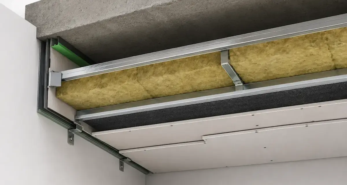 Dettaglio costruttivo di un controsoffitto insonorizzato con lana di roccia e pannelli in cartongesso.