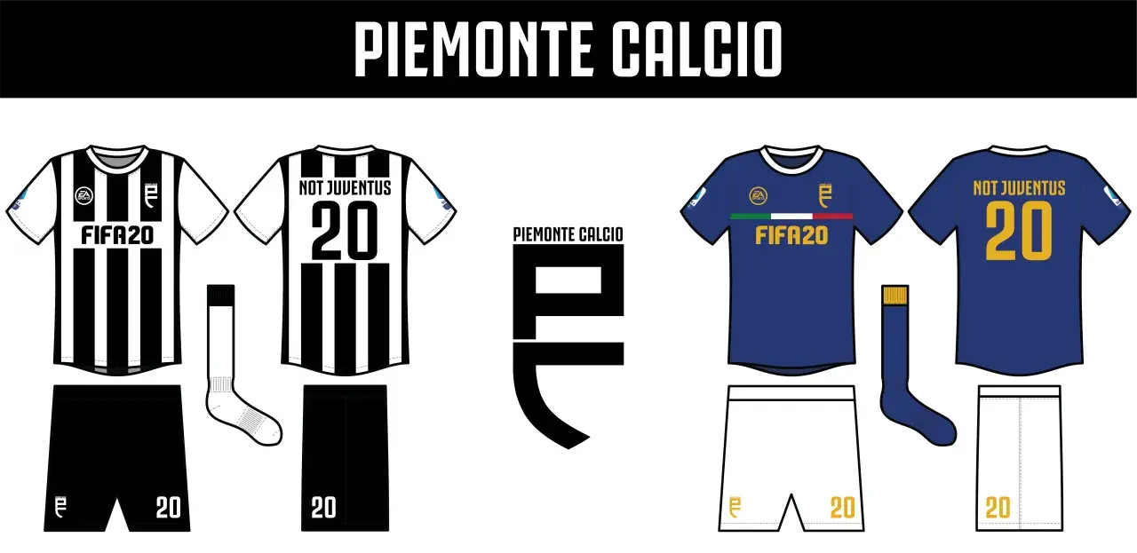 Stroje piłkarskie Piemonte Calcio: czarno-białe w paski i granatowe. Numery 20 i logo FIFA20.