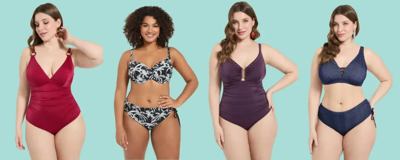 Quattro donne in costume da bagno, con modelli e colori diversi, pronte per l'estate.