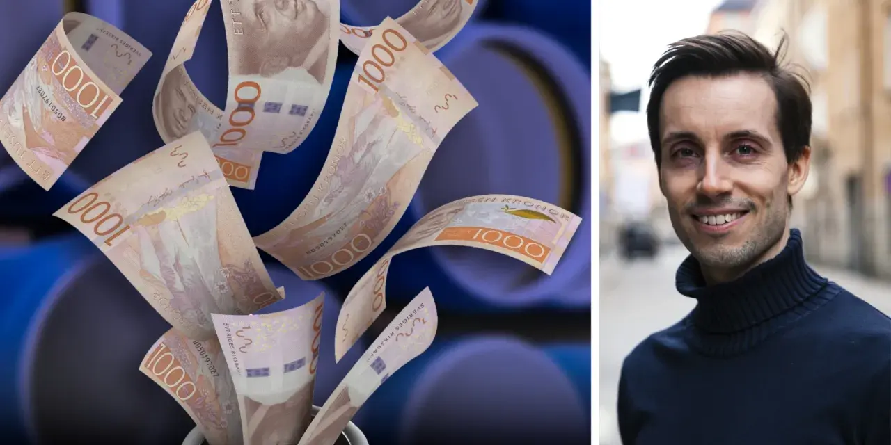 Svenska 1000-kronorssedlar virvlar upp ur en vas. En leende man i polotröja syns bredvid. En sparsam mens kan leda till oväntade pengar.