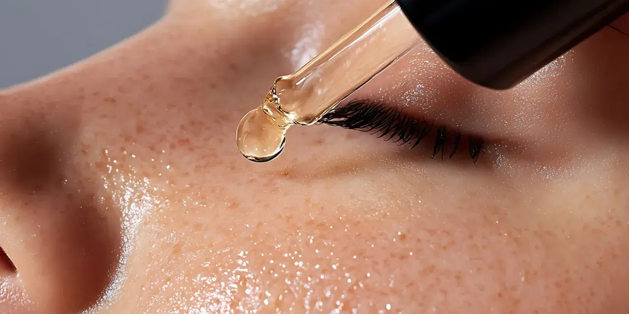 Goutte d'un sérum doré tombant sur une peau frecklée, essentielle à la routine soin visage matin et soir pour une peau éclatante.