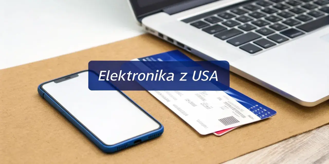 Smartfon, laptop i karty płatnicze na tle tekstu "Elektronika z USA". Zastanawiasz się, co oplaca się kupić w Stanach?
