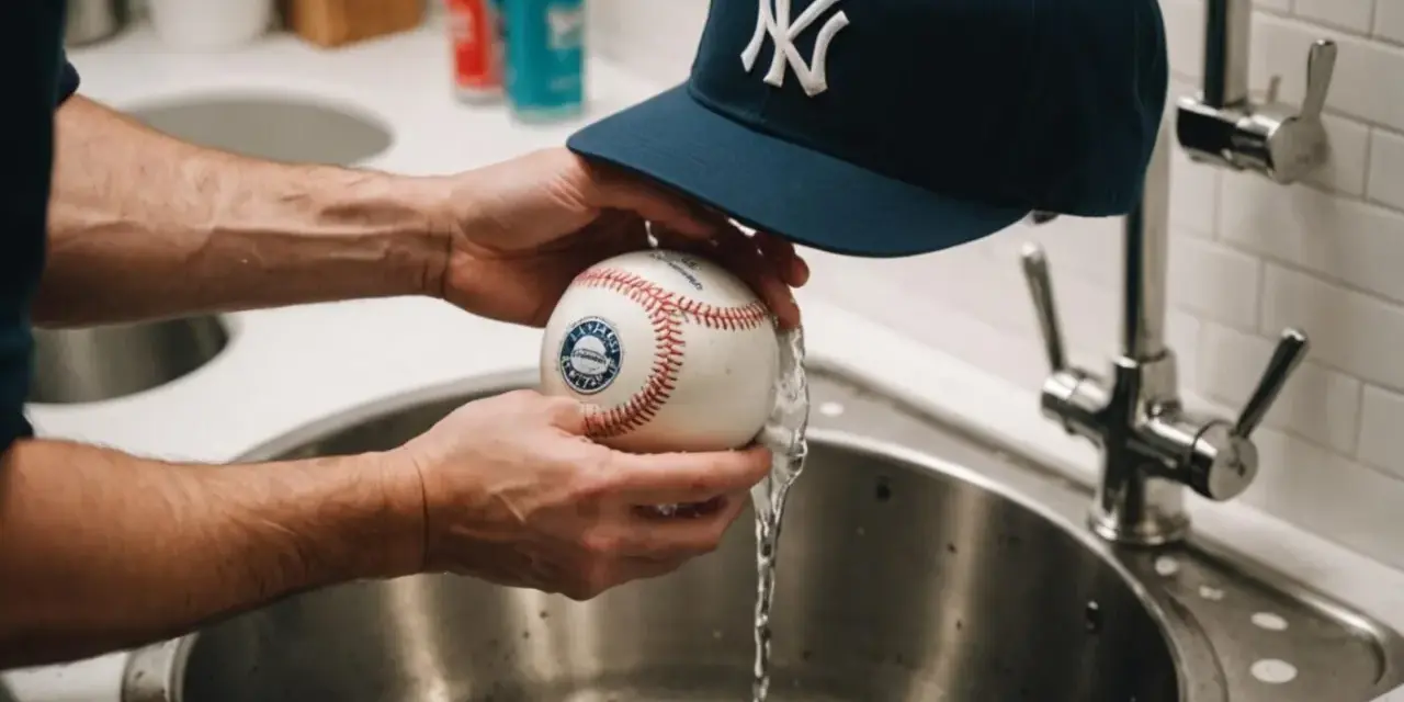 Czyszczenie czapki z daszkiem i piłki baseballowej pod bieżącą wodą.
