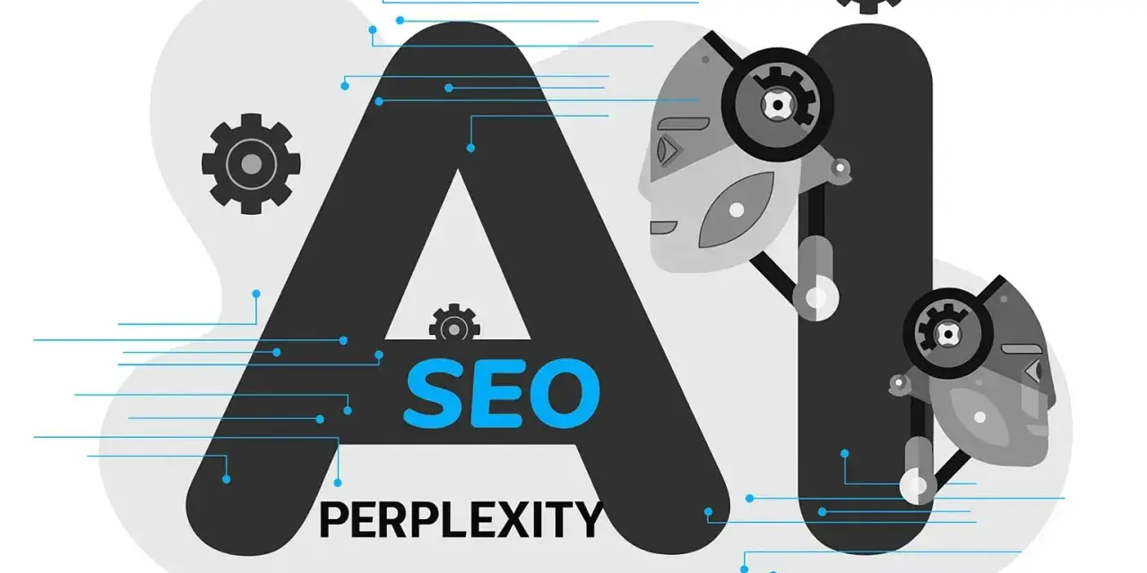 AI i SEO: jak zrozumieć perplexity w kontekście sztucznej inteligencji i optymalizacji? Grafika przedstawia litery AI z elementami robotów i kół zębatych.