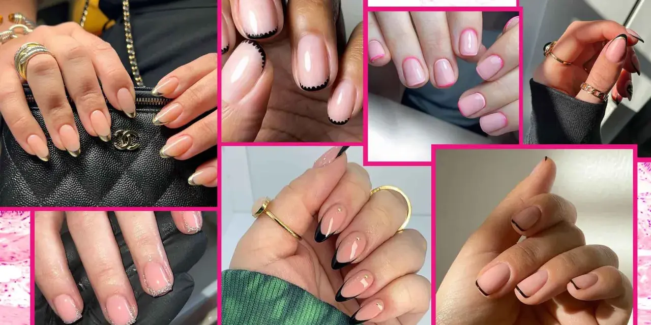 Collezione di unghie french particolare unghie gel: french con punte dorate, nere, rosa e glitter. Eleganza e stile.