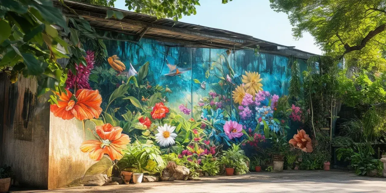 Un mur peint par un artiste peintre fleurs, vibrant de couleurs vives et de vie. Des oiseaux s'envolent parmi des hibiscus orangés et des fleurs exotiques.