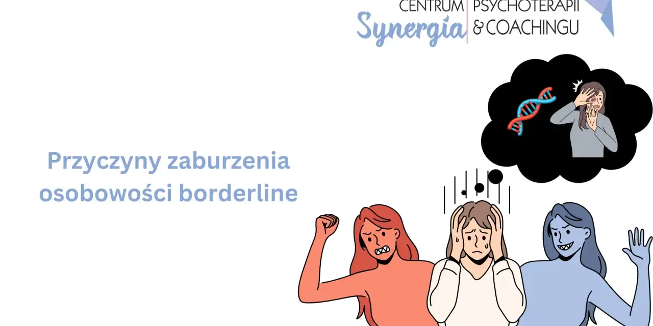 Ilustracja przedstawia trzy postacie symbolizujące emocje, w tym jedną zmartwioną, oraz myśl o DNA.