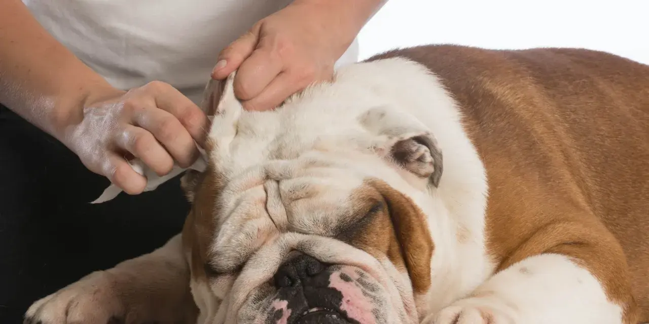 Delikatne czyszczenie uszu buldoga domowym sposobem. Ręce delikatnie wycierają ucho psa.