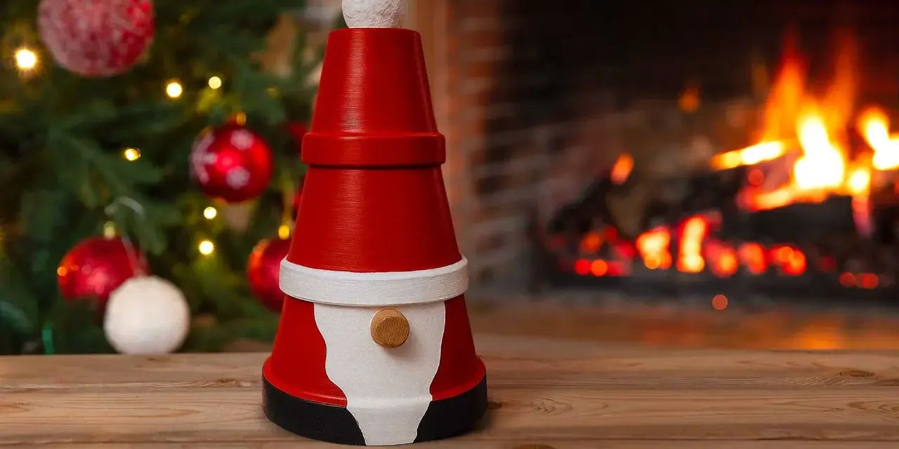 En söt tomte gjord av krukor står framför en sprakande brasa och en julgran. Perfekt för att måla tomte-pyssel.