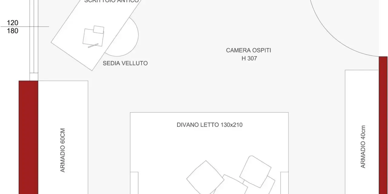 Pianta di una camera ospiti con divano letto, scrittoio antico, sedia in velluto, libreria e armadi.