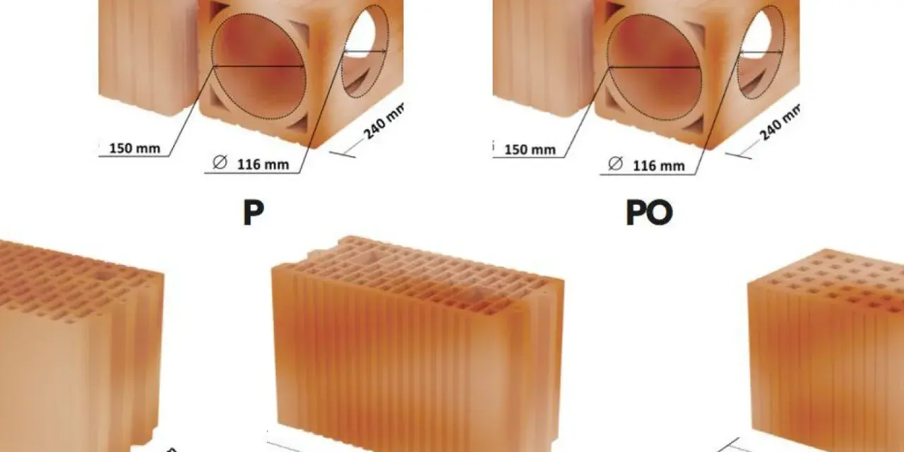 Elementy ceramiczne: pustak wentylacyjny z kanałem płaskim (P, PO) oraz pustaki budowlane (25 AKU, LPW 18,8 AKU, PCM AK) z wymiarami.