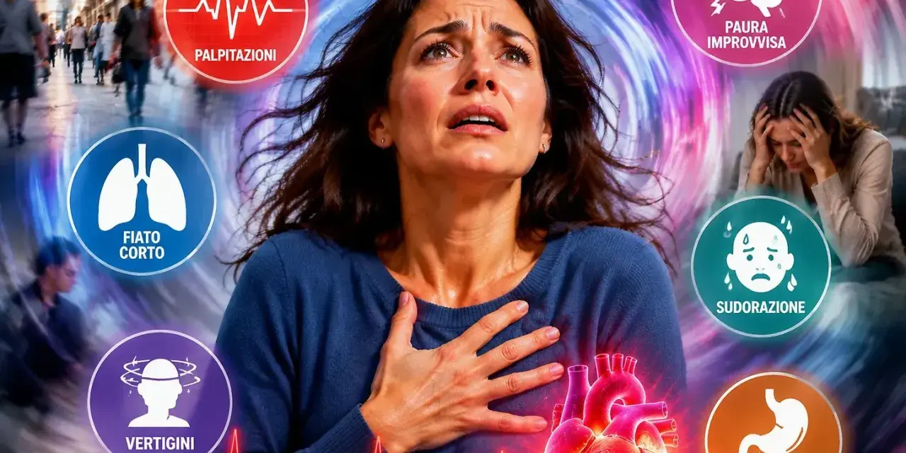 Donna in preda al panico, con sintomi come palpitazioni, fiato corto, vertigini, sudorazione, nausea e paura improvvisa. Si può morire per un attacco di panico.
