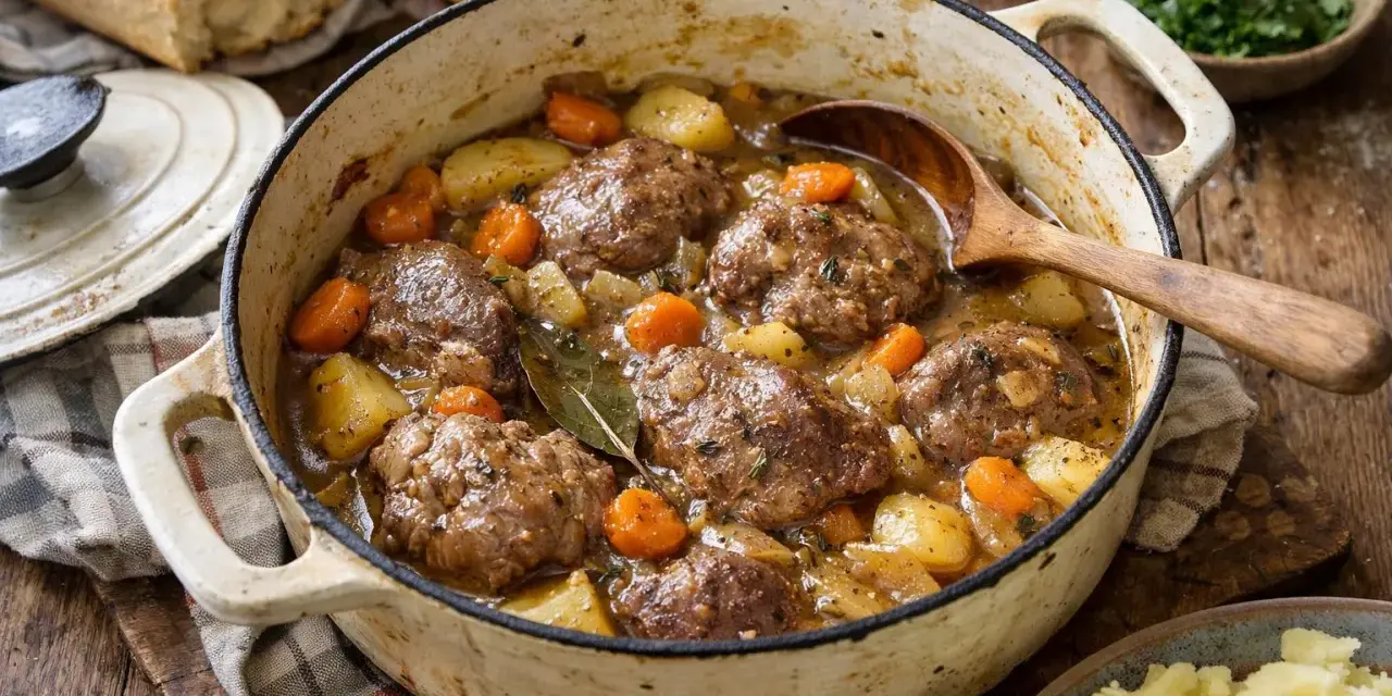 Un plat mijoté de joue de porc au cidre, avec pommes de terre et carottes, servi dans une cocotte en fonte.
