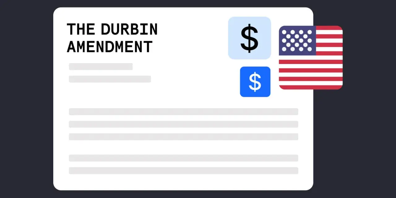 A document titled "The Durbin Amendment" with dollar signs and the US flag, symbolizing financial regulation.