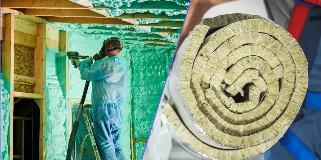 Piana PUR kontra wełna mineralna: wybór izolacji domu. Na lewo pracownik natryskuje pianę, na prawo zwinięta wełna.