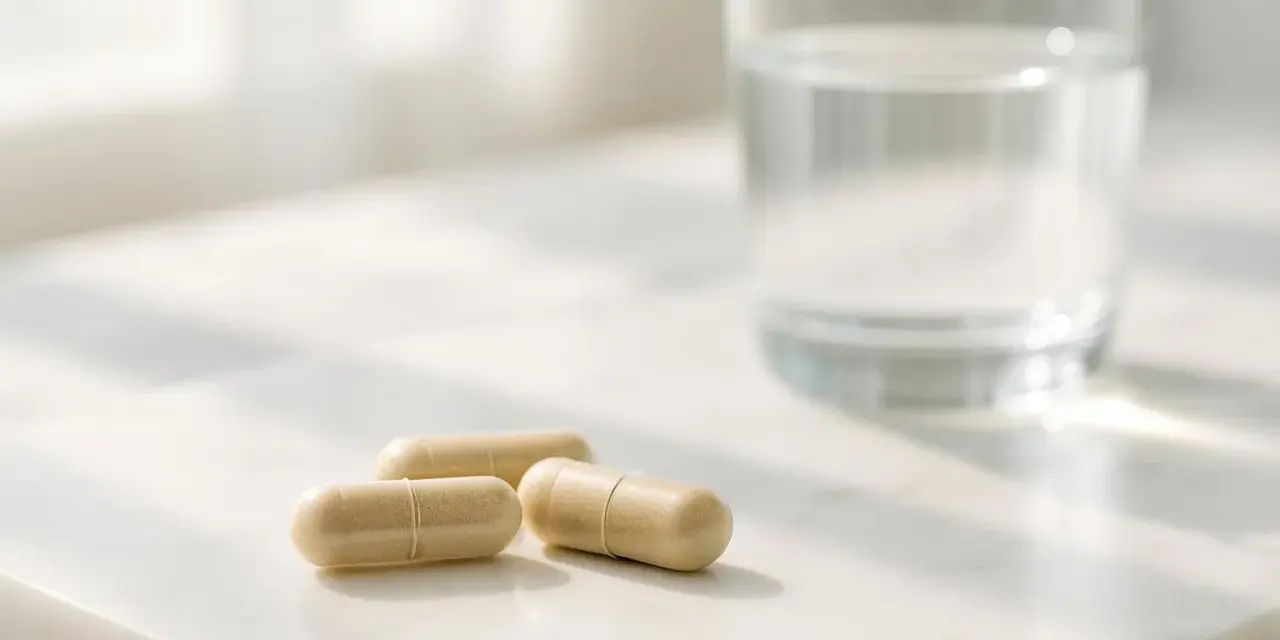 Tre capsule beige e un bicchiere d'acqua su una superficie chiara. Scopri quali sono i probiotici per il tuo benessere.