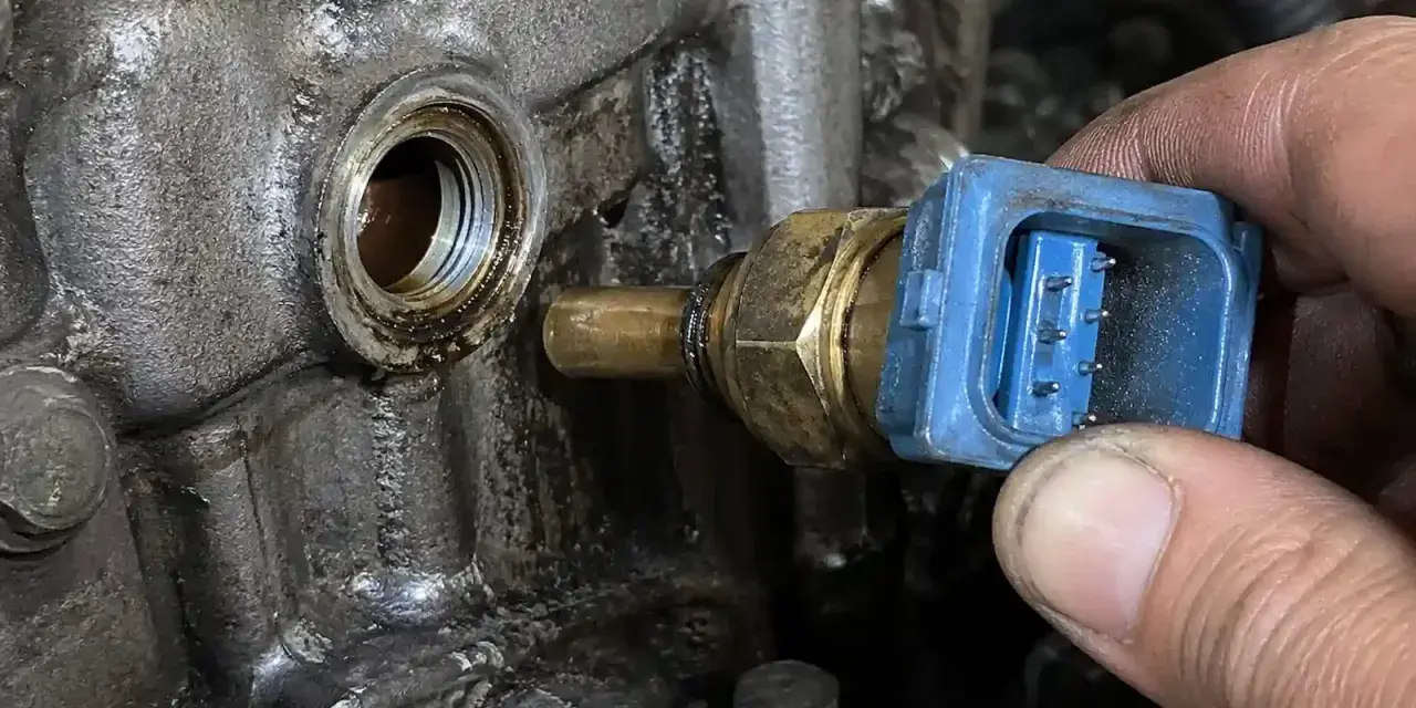 Błąd czujnik temperatury płynu chłodzącego. Mechanik wymienia uszkodzony czujnik w silniku.