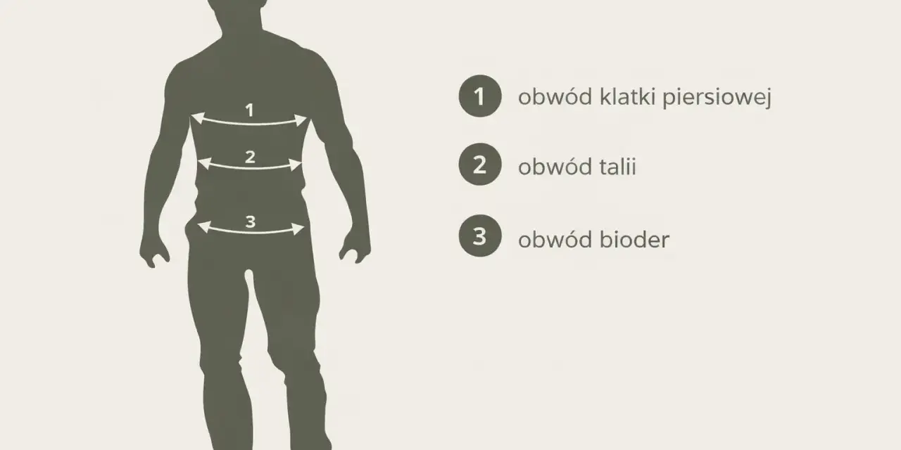 Sylwetka mężczyzny z zaznaczonymi miarami: 1 - obwód klatki, 2 - obwód talii, 3 - obwód bioder. Pomocne przy wyborze rozmiaru L.