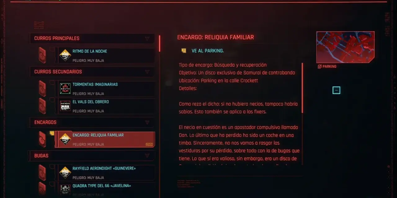 En pantalla de diario de Cyberpunk 2077, se muestra la misión "Encargo: Reliquia Familiar", una reliquia familiar cyberpunk que busca un disco de Samurai.