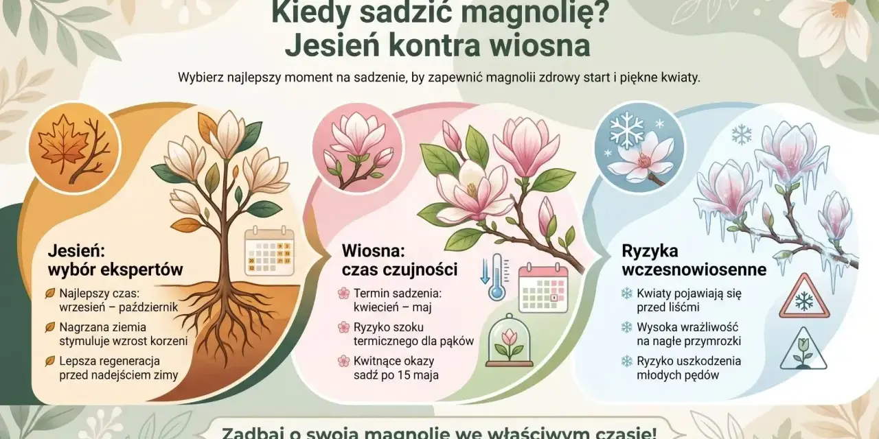 Jesień to najlepszy czas, kiedy sadzić magnolię. Wrzesień-październik sprzyja regeneracji korzeni przed zimą. Wiosną magnolie są wrażliwe na przymrozki.