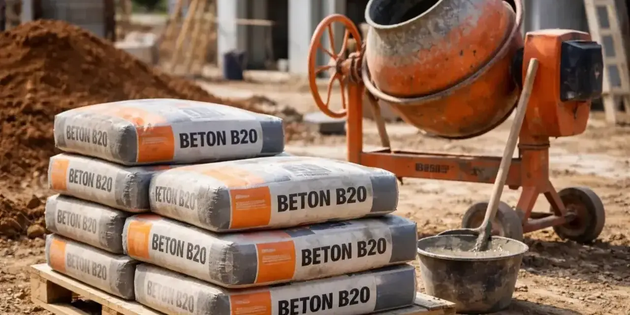 Stos worków z betonem B20 na palecie, obok betoniarki i wiadra z zaprawą.