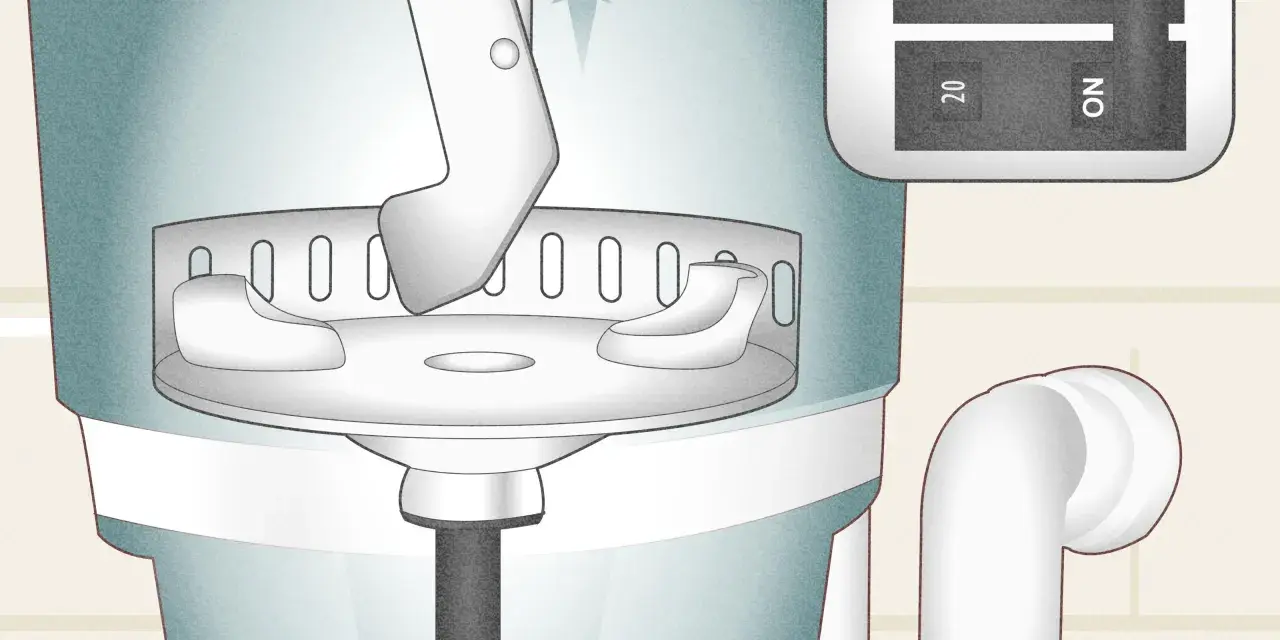 Illustration showing a tool being inserted into a garbage disposal to help unclog it. A switch with "ON" is visible.