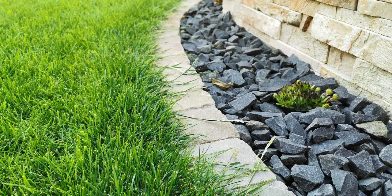 Ein Gartenweg mit frisch gemähten Rasen und grauen Bruchsteinen, die den Rand eines Beetes mit einer Sukkulente markieren. Die Pflastersteine schneiden eine klare Linie.
