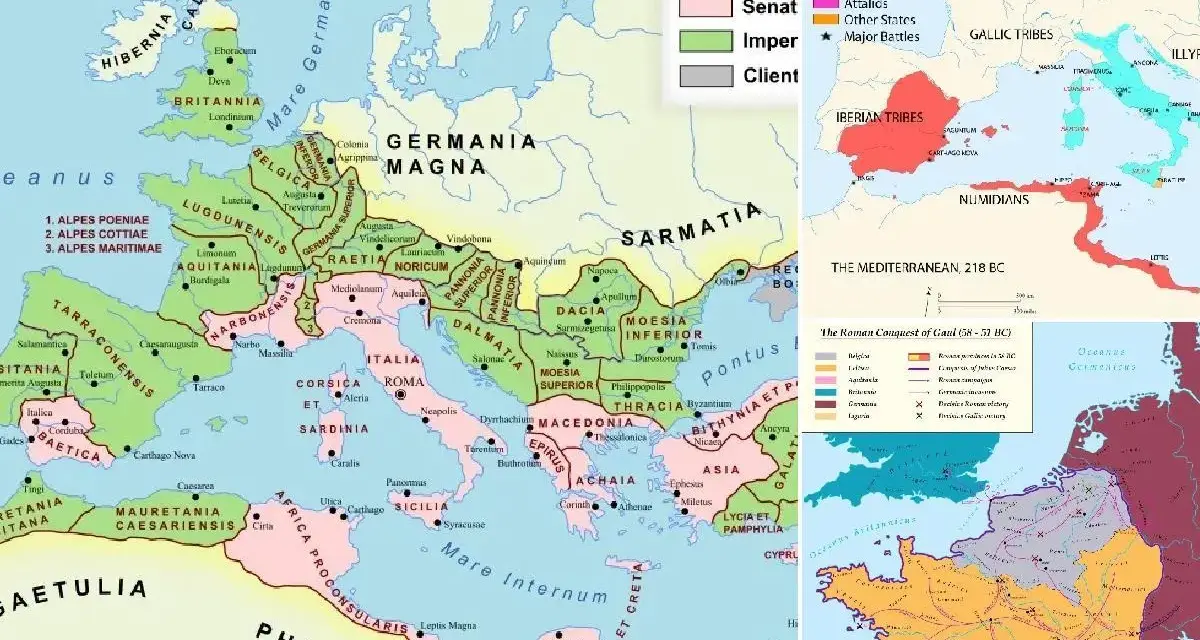 Mapa del Imperio Romano mostrando sus etapas de expansión y control territorial.