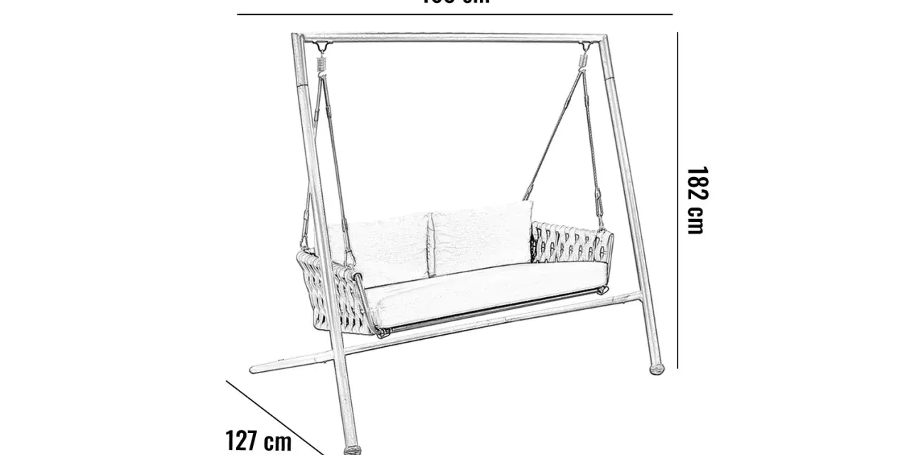 Huśtawka ogrodowa wymiary: szerokość 168 cm, wysokość 182 cm, głębokość 127 cm. Wygodna, dwuosobowa z poduszkami.