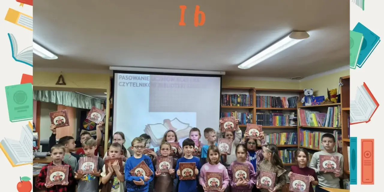Uczniowie klasy Ib z dumą prezentują książki podczas pasowania na czytelników biblioteki szkolnej. Tematy lekcji bibliotecznych w szkole średniej inspirują do odkrywania nowych światów.