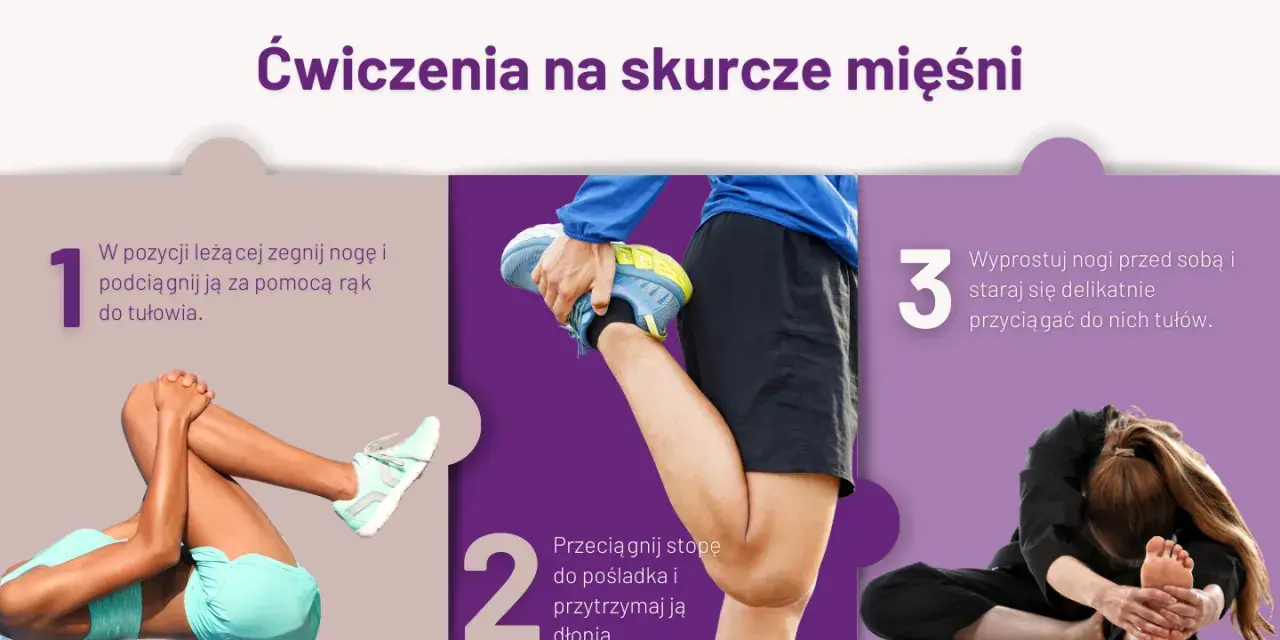 Ćwiczenia na skurcze mięśni: leżąc, podciągnij nogę do tułowia, przyciągnij stopę do pośladka, a potem wyprostuj nogi i pochyl się do przodu.