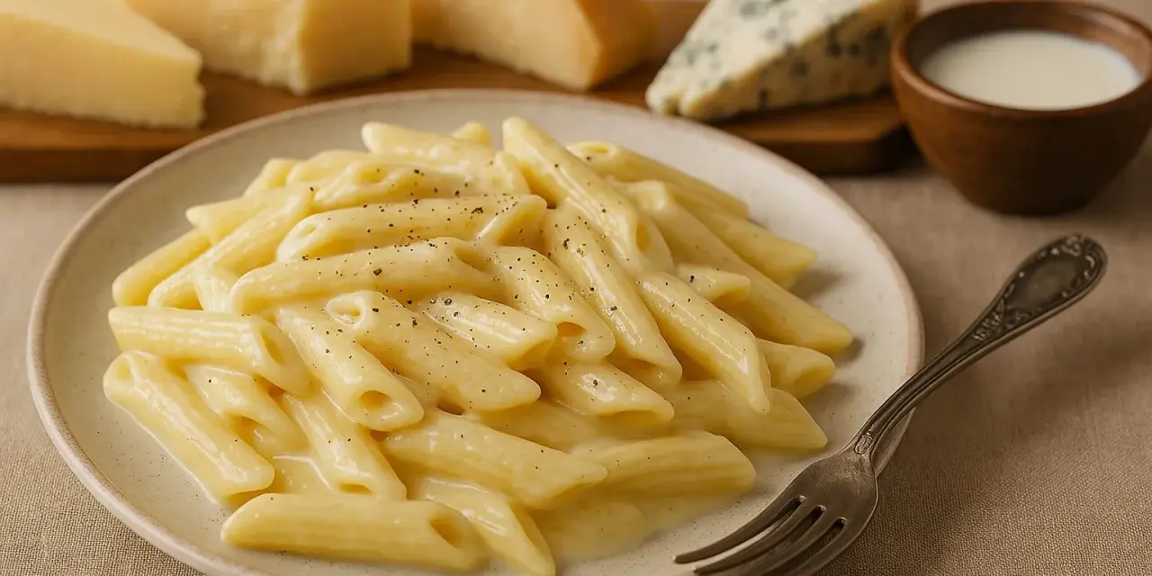 Penne w sosie serowym, obok kawałki sera, w tym gatunek owczego sera, i mleko.