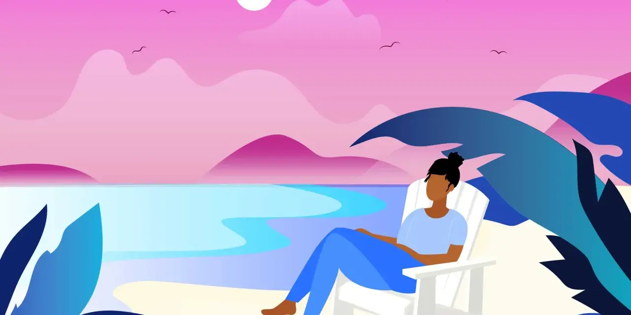 A person sits in a white Adirondack chair on a beach, enjoying the sunset. The scene is a perfect way to relax and recharge.