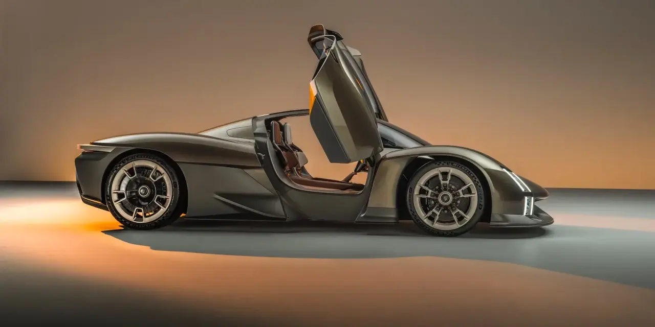 Porsche 918 Spyder z otwartymi drzwiami, widok z boku, w brązowym kolorze.