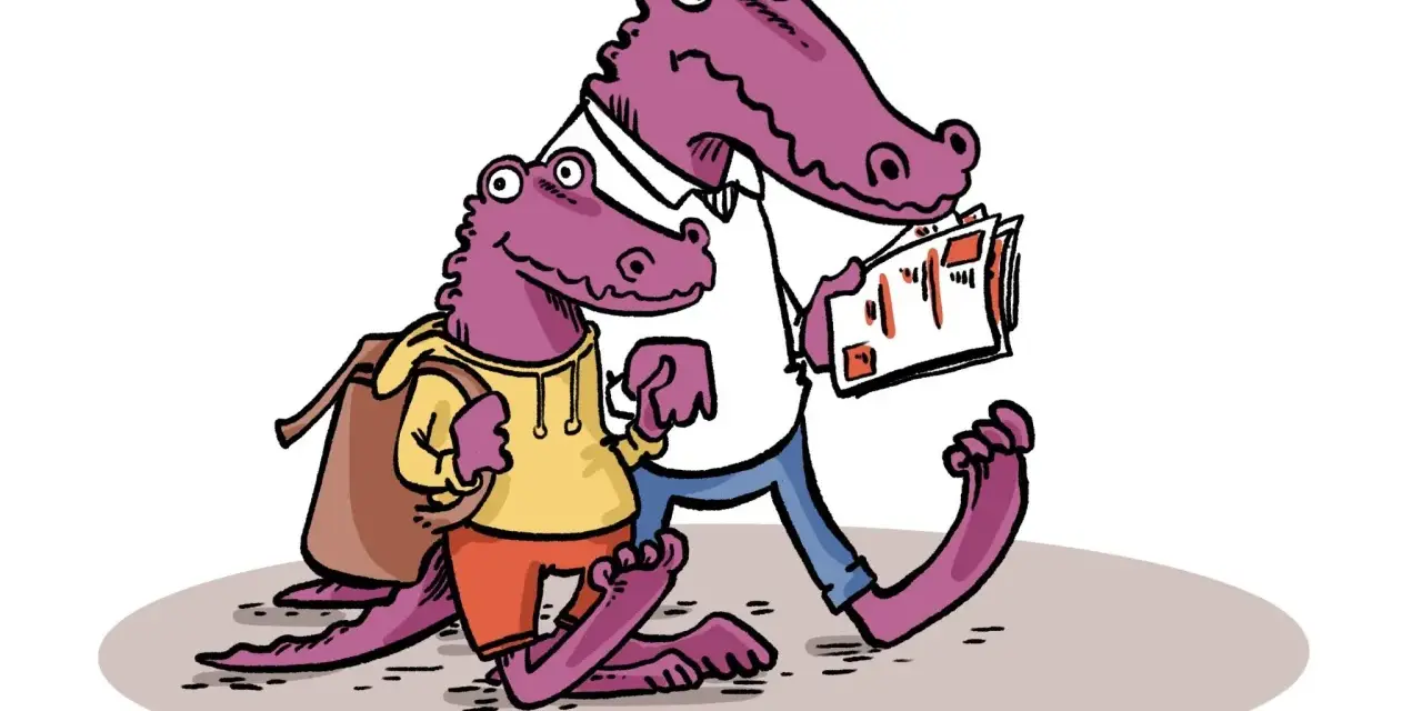 Deux crocodiles, un parent et un enfant, marchent ensemble. L'enfant porte un sac à dos, le parent lit un document, peut-être un certificat d'aptitude à la vie en collectivité modèle.