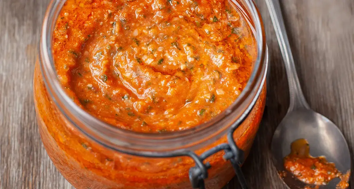 Vaso di pesto alla trapanese, un condimento rosso vivo con pomodori, mandorle e basilico, pronto per essere gustato.