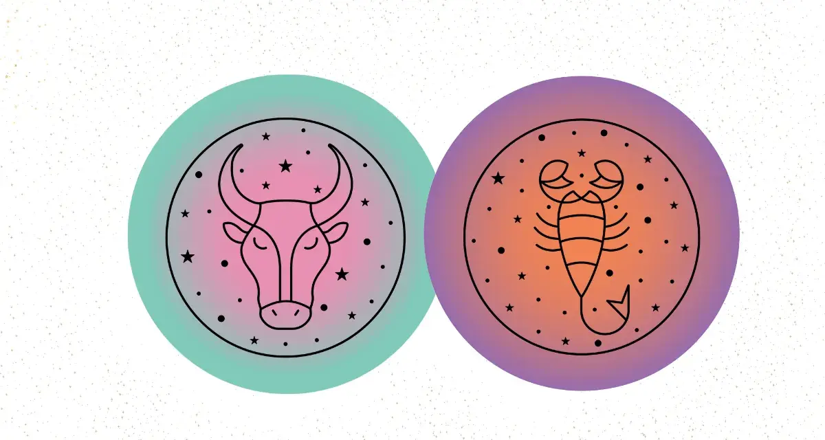 Byk i skorpion, dwa znaki zodiaku, tworzą nieoczekiwaną przyjaźń. Ich symbole otoczone gwiazdami i kropkami.