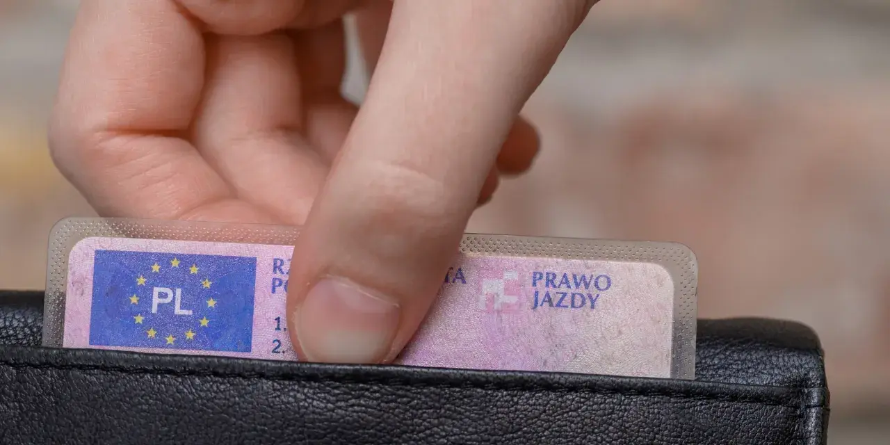 Dłoń wyciąga z czarnego portfela polskie prawo jazdy. Czy trzeba mieć przy sobie dokument? Tak, zawsze!